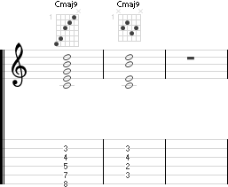 Eksempel på akkord som ikke kan spilles på gitar, men som på piano kan spilles helt uten videre.